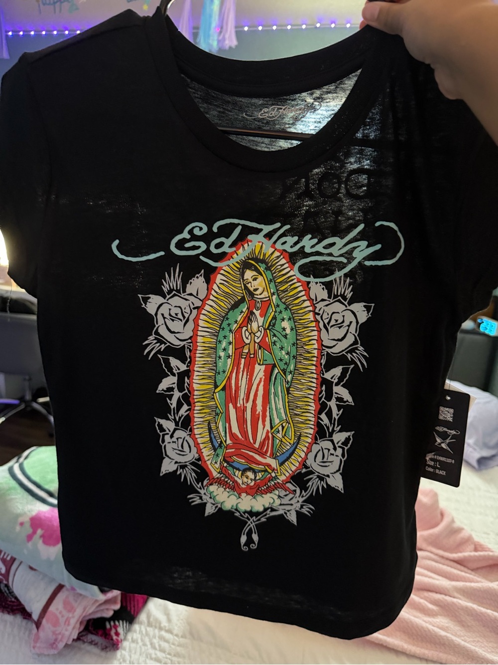 Ed Hardy Black Short-Sleeve Tee with Colorful Guadalupe Graphic